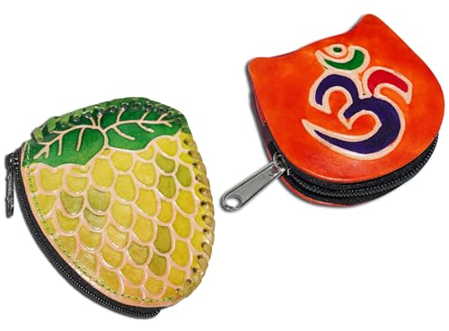 Handgefertigte Leder-Münztasche, Mini-Geldbörse, Geldbörse mit Reißverschluss, Mehrzweck-Weihnachtsgeschenk für Frauen und Mädchen, Grüne Trauben und Orange Om, Geldbörse / Mini-Tasche von AEspares