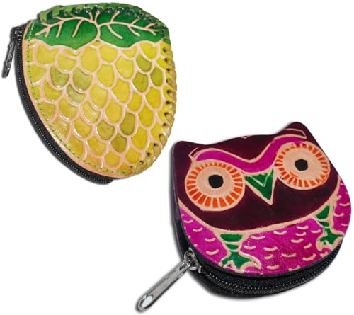 Handgefertigte Leder-Münztasche, Mini-Geldbörse, Geldbörse mit Reißverschluss, Mehrzweck-Weihnachtsgeschenk für Frauen und Mädchen, Grüne Trauben und kastanienbraune Eule, Geldbörse / Mini-Tasche von AEspares