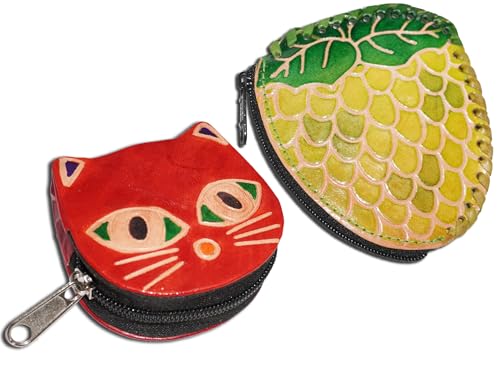 Handgefertigte Leder-Münztasche, Mini-Geldbörse, Geldbörse mit Reißverschluss, Mehrzweck-Weihnachtsgeschenk für Frauen und Mädchen, Grüne Trauben und orangefarbenes Katzengesicht, Geldbörse / von AEspares
