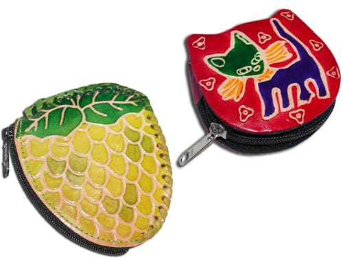 Handgefertigte Leder-Münztasche, Mini-Geldbörse, Geldbörse mit Reißverschluss, Mehrzweck-Weihnachtsgeschenk für Frauen und Mädchen, Grüne Trauben und rote Katze, Geldbörse / Mini-Tasche von AEspares