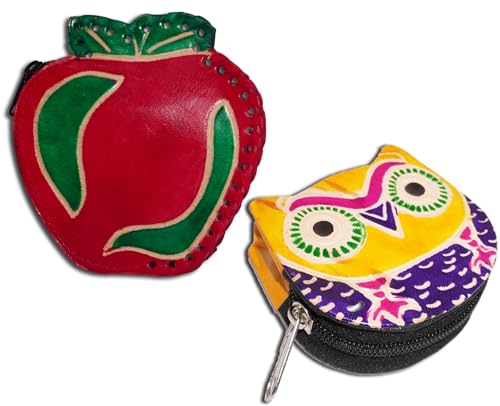 Handgefertigte Leder-Münztasche, Mini-Geldbörse, Geldbörse mit Reißverschluss, Mehrzweck-Weihnachtsgeschenk für Frauen und Mädchen, Roter Apfel und gelbe Eule, Geldbörse / Mini-Tasche von AEspares