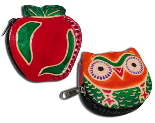 Handgefertigte Leder-Münztasche, Mini-Geldbörse, Geldbörse mit Reißverschluss, Mehrzweck-Weihnachtsgeschenk für Frauen und Mädchen, Roter Apfel und orangefarbene Eule, Geldbörse / Mini-Tasche von AEspares