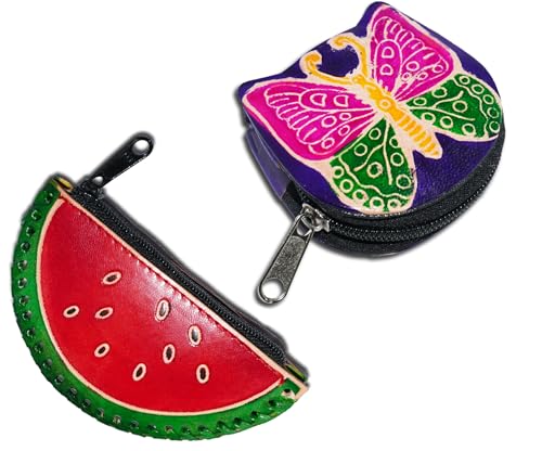Handgefertigte Leder-Münztasche, Mini-Geldbörse, Geldbörse mit Reißverschluss, Mehrzweck-Weihnachtsgeschenk für Frauen und Mädchen, Wassermelone und blauer Schmetterling, Geldbörse / Mini-Tasche von AEspares