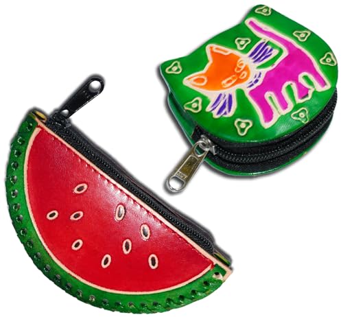 Handgefertigte Leder-Münztasche, Mini-Geldbörse, Geldbörse mit Reißverschluss, Mehrzweck-Weihnachtsgeschenk für Frauen und Mädchen, Wassermelone und grüne Katze, Geldbörse / Mini-Tasche von AEspares