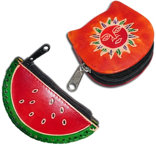 Handgefertigte Leder-Münztasche, Mini-Geldbörse, Geldbörse mit Reißverschluss, Mehrzweck-Weihnachtsgeschenk für Frauen und Mädchen, Wassermelone und orangefarbenes Sonnengesicht, Geldbörse / von AEspares