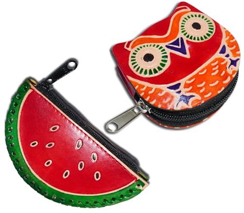 Handgefertigte Leder-Münztasche, Mini-Geldbörse, Geldbörse mit Reißverschluss, Mehrzweck-Weihnachtsgeschenk für Frauen und Mädchen, Wassermelone und rote Eule, Geldbörse / Mini-Tasche von AEspares