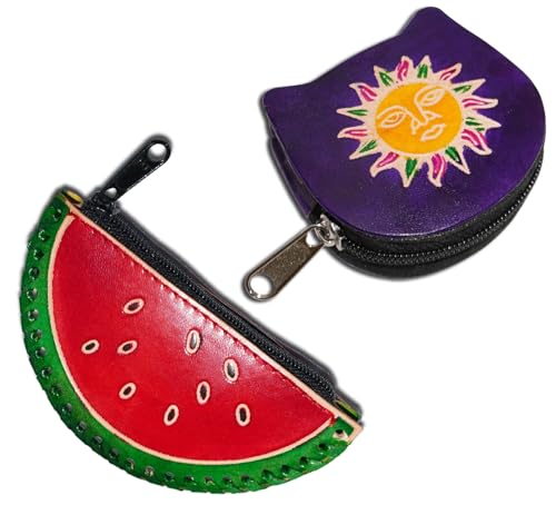 Handgefertigte Leder-Münztasche, Mini-Geldbörse, Geldbörse mit Reißverschluss, Mehrzweck-Weihnachtsgeschenk für Frauen und Mädchen, Wassermelone und violettes Sonnengesicht, Geldbörse / Mini-Tasche von AEspares
