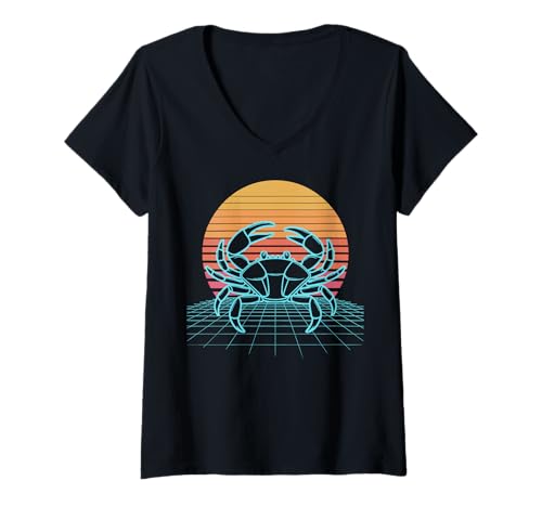 Damen Krabbe Vaporwave Retro Meeresfrüchte T-Shirt mit V-Ausschnitt von Ästhetik Strand Ozean Retro krabbe Vintage