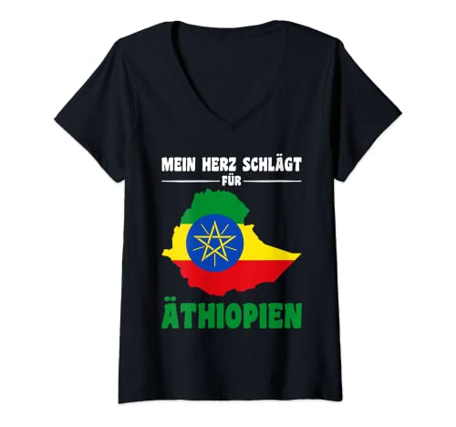 Damen Äthiopien Flagge Mein Herz schlägt für Äthiopien T-Shirt mit V-Ausschnitt von Äthiopien Geschenk Äthiopische Flagge