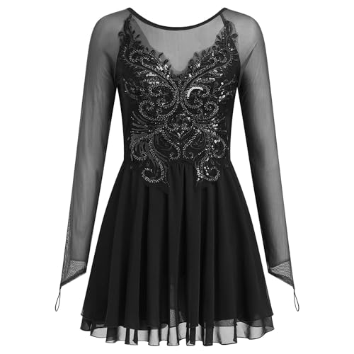 AFAVOM Damen Eislaufkleid Glänzend Strass Ballett Tanzkleid Langarm Wettkampf Lyrical Chiffon Kleid, Schwarz, Mittel von AFAVOM