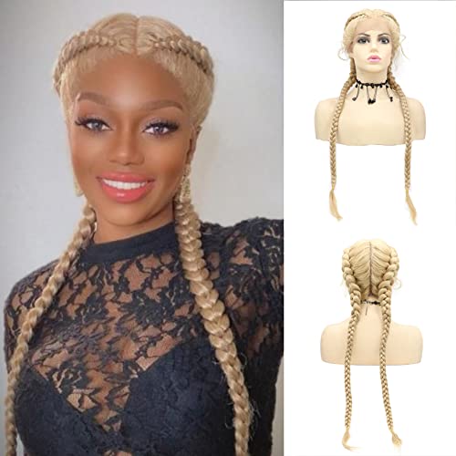 AFBeauty Extra Long Mixed Blonde Dutch Twins Braided Wig for Women Handmade Blonde 613 Lightweight Swiss Lace Front Wig with Baby Hair Heat Resistant Synthetic Double Braids Wig von AFBeauty