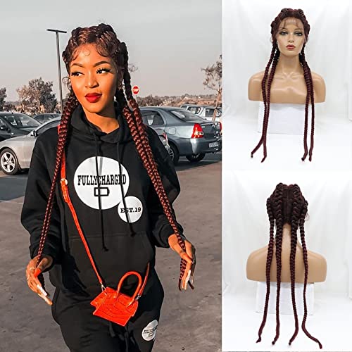 AFBeauty Long 99J Braided Wig for Women Synthetic Wine Red Lace Front 4 Braids with Baby Hair Handmade Burgundy Braided Heat Resistant Cornrow Braided 30Inch von AFBeauty