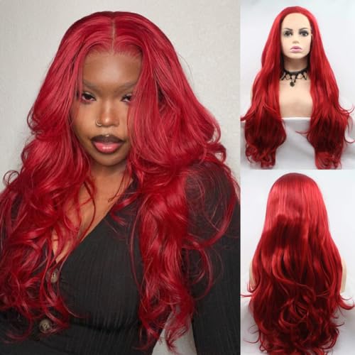AFBeauty Red Lace Front Wig Long Wavy Hot Red Natural Looking Free Part Wig Synthetic Heat Resistant Fiber Cosplay Party Makeup Wigs for Women von AFBeauty