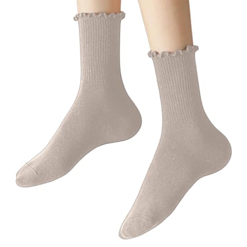 AFCJLTO 1 Paar Socken Mit Rüschen, Rüschen Socken Damen, Rüschen SockenWeiche Atmungsaktive Strick Knöchelsocken für Damen Sport Freizeit Strumpf Socken, Gestrickt Crew Söckchen Frauen, Haferflocken von AFCJLTO