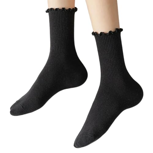 AFCJLTO 1 Paar Socken Mit Rüschen Damen, Rüschen Socken Damen, Rüschen SockenWeiche Atmungsaktive Strick Knöchelsocken für Damen Sport Freizeit Strumpf Socken, Gestrickt Crew Söckchen Frauen, Schwarz von AFCJLTO
