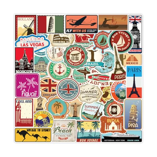AFCJLTO 100pcs Aufkleber Länder Städte Aufkleber Reisetourismus Aufkleber Koffer Reisegepäck Taschen Reisen Scrapbooking Laptops MacBook Laptop Vsco Aufkleber wasserfeste Retro-Vinyl-Aufkleber von AFCJLTO