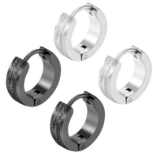 AFCJLTO 2 Paare Herren Ohrringe Edelstahl Creolen Hoops Earrings Set Ohrringe Männer Frauen Knorpel Helix Piercing Ohr Mode Punk Ohrringe Creolen Schwarz Ohrringe für Herren Damen(schwarz, silber) von AFCJLTO