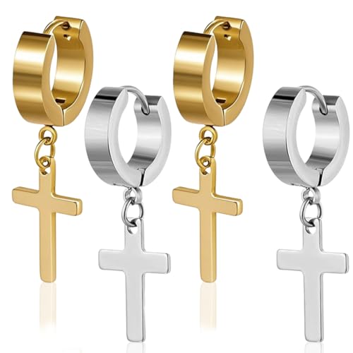AFCJLTO 2 Paare Schmuck Creolen Kreuz, Edelstahl Kreuz Baumelnde Ohrringe,Edelstahl Klassisches Kruzifix Ohrringe Ohrstecker Ohrhänger Ohr-Piercing für Herren Damen (Gold, Silber) von AFCJLTO