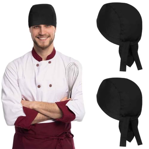 AFCJLTO 2 Stück Kochmütze Küchenmütze Elastische Kochmütze Chef Kochhut aus Baumwolle Poly Kopfbedeckung für Männer Frauen Kochen, Schwarz von AFCJLTO