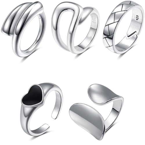 AFCJLTO 5 Stücke Silber Offene Ringe Set Einstellbarer Retro-Vintage-Ring Stapelbarer Phalangenring Offenes Set Silber Mädchenring von AFCJLTO