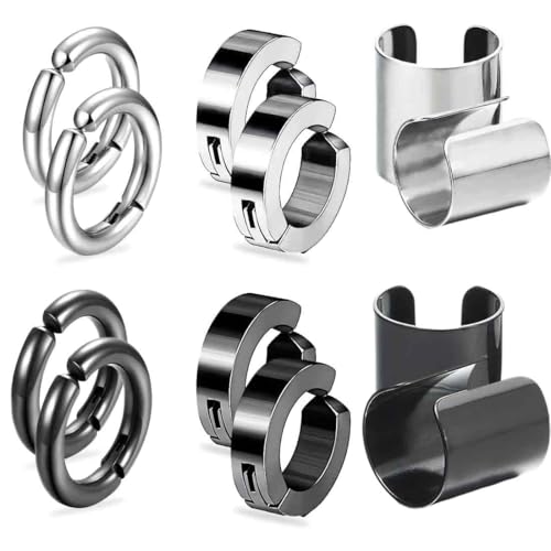 AFCJLTO 6 Paare Herren Ohrringe Set - Edelstahl Creolen Hoops Punk Ohrringe, Ohrringe ohne Lochung für Knorpel,Damen und Herren(Schwarz und Silber) von AFCJLTO