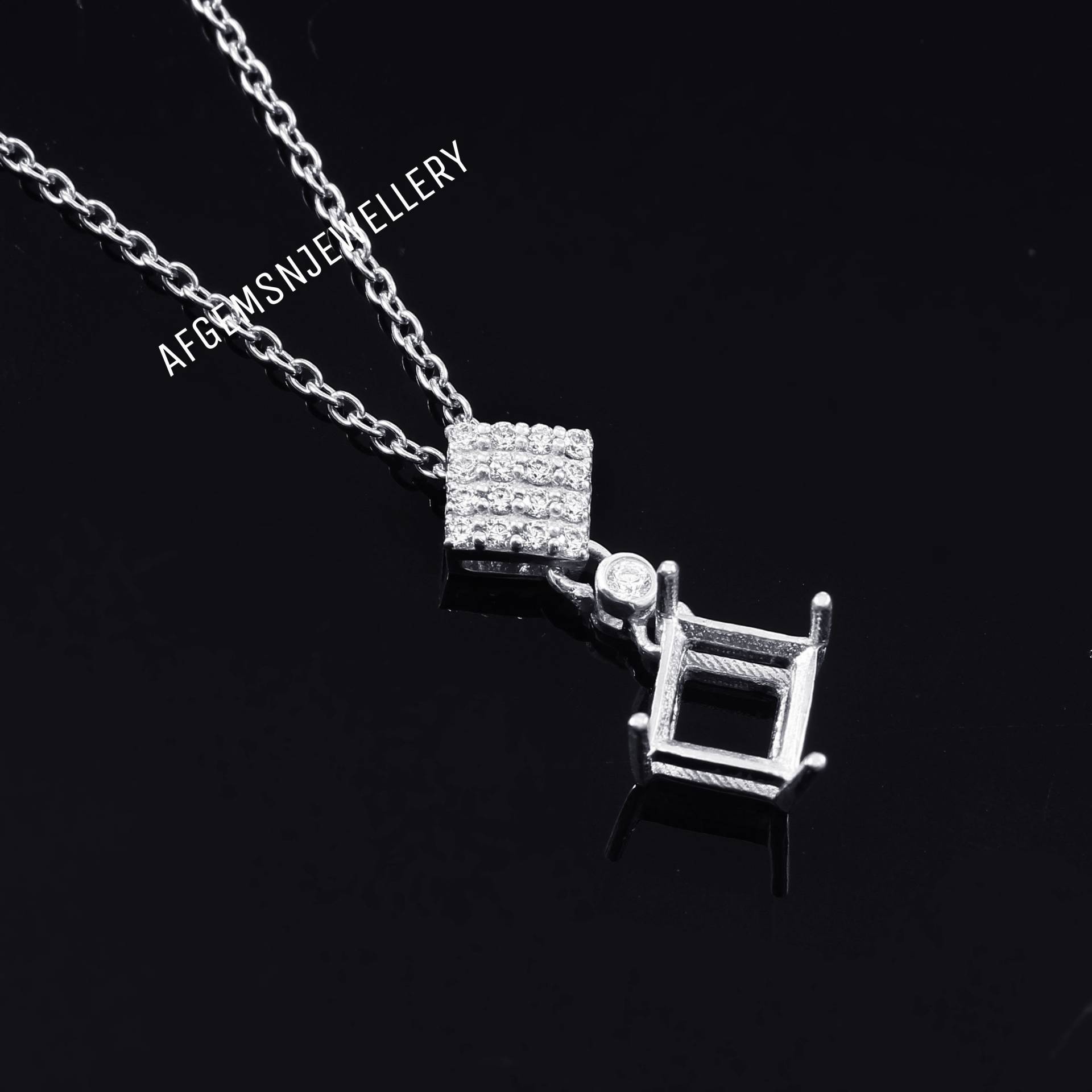 925 Massiver Silberanhänger 7x7mm Princess Cut Semi Mount Anhänger-Semi Anhänger-Fassung Anhänger Rohling Mit Kette von AFGEMSNJEWELLERY