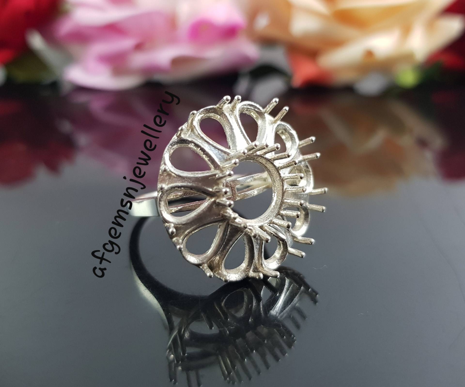 9mm Rund & 7x5mm Birne Halbring, Semi Mount Halo Ring, Massiver Silberring, Ehering, Verlobungsring von AFGEMSNJEWELLERY