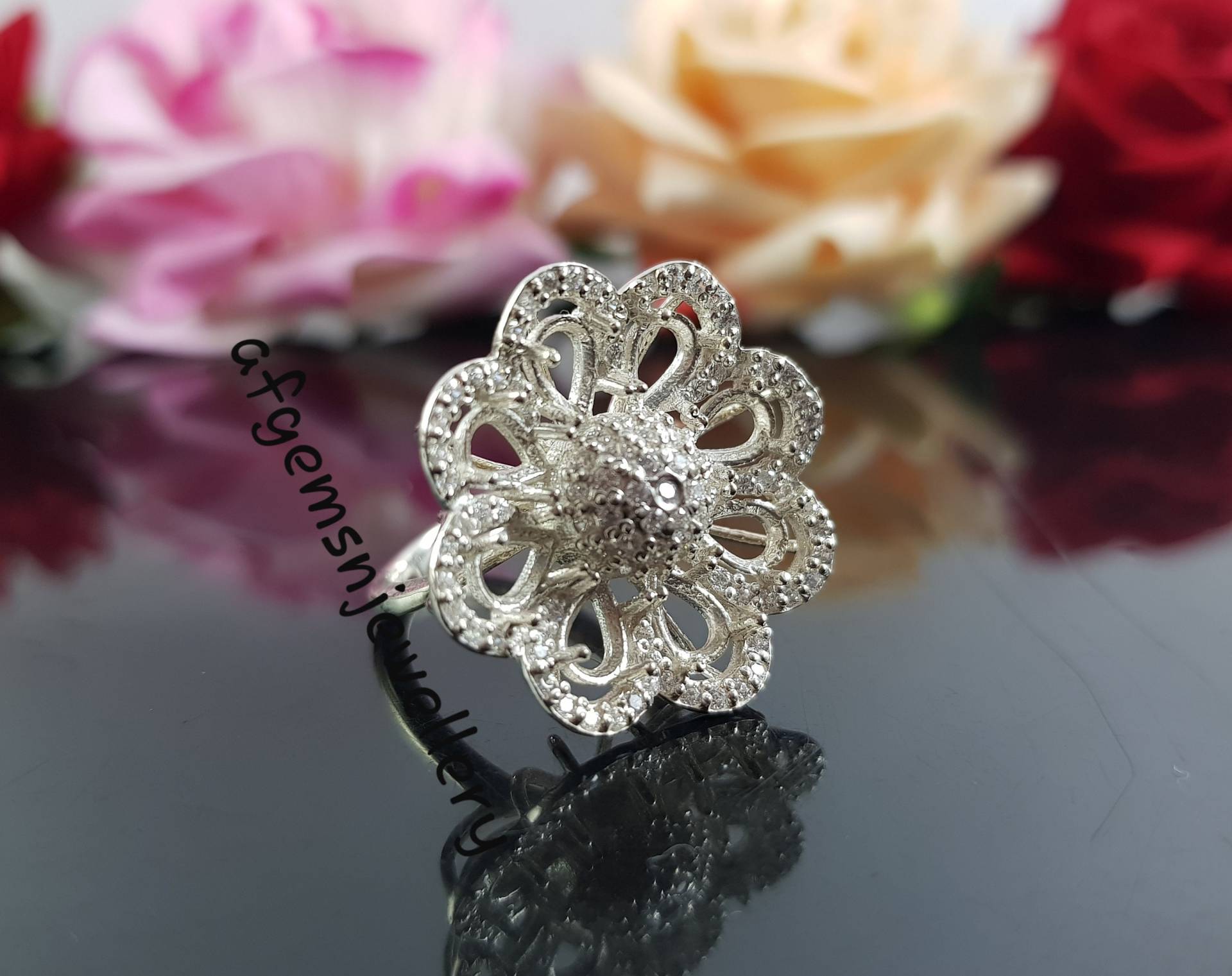 Blume 6x4mm Birne Halbedelstein Ring-Ohne Stein Ring-Silberfassung Ring-Verlobungsring-925 Sterling Silber Ring-Steckring von AFGEMSNJEWELLERY