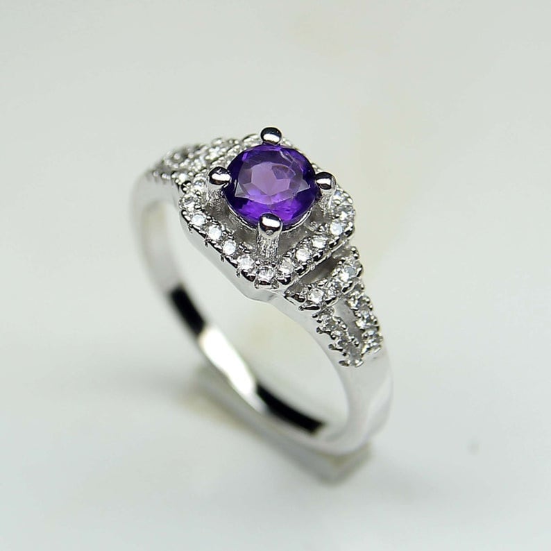 Echter Amethyst Ring - Sterling Silber Runder Verlobungsring - Geburtsstein Februar Geburtsstein - Geburtstagsgeschenk Für Sie von AFGEMSNJEWELLERY