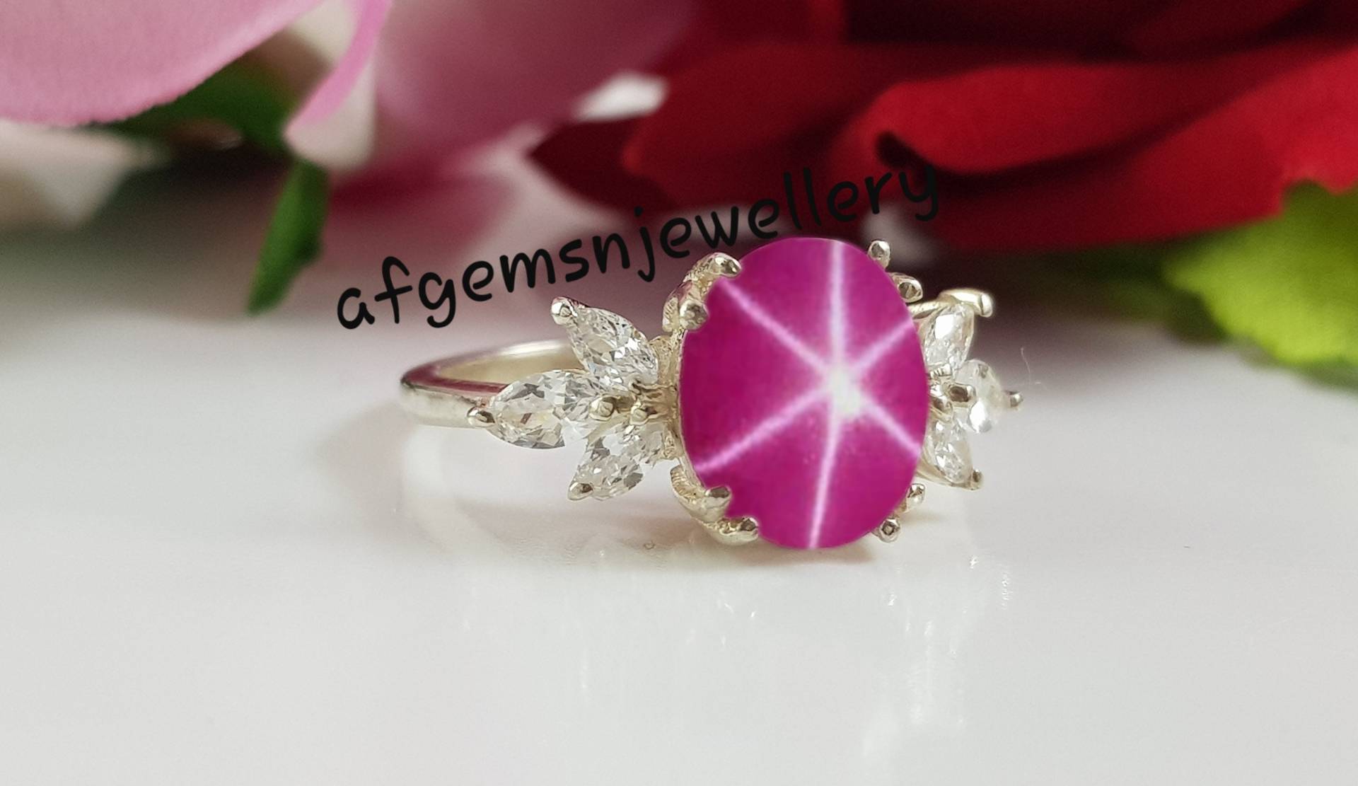 Ehering Lindy Pink Stern Ring 6 Ray Star Rubin in 925 Sterling Silber von AFGEMSNJEWELLERY