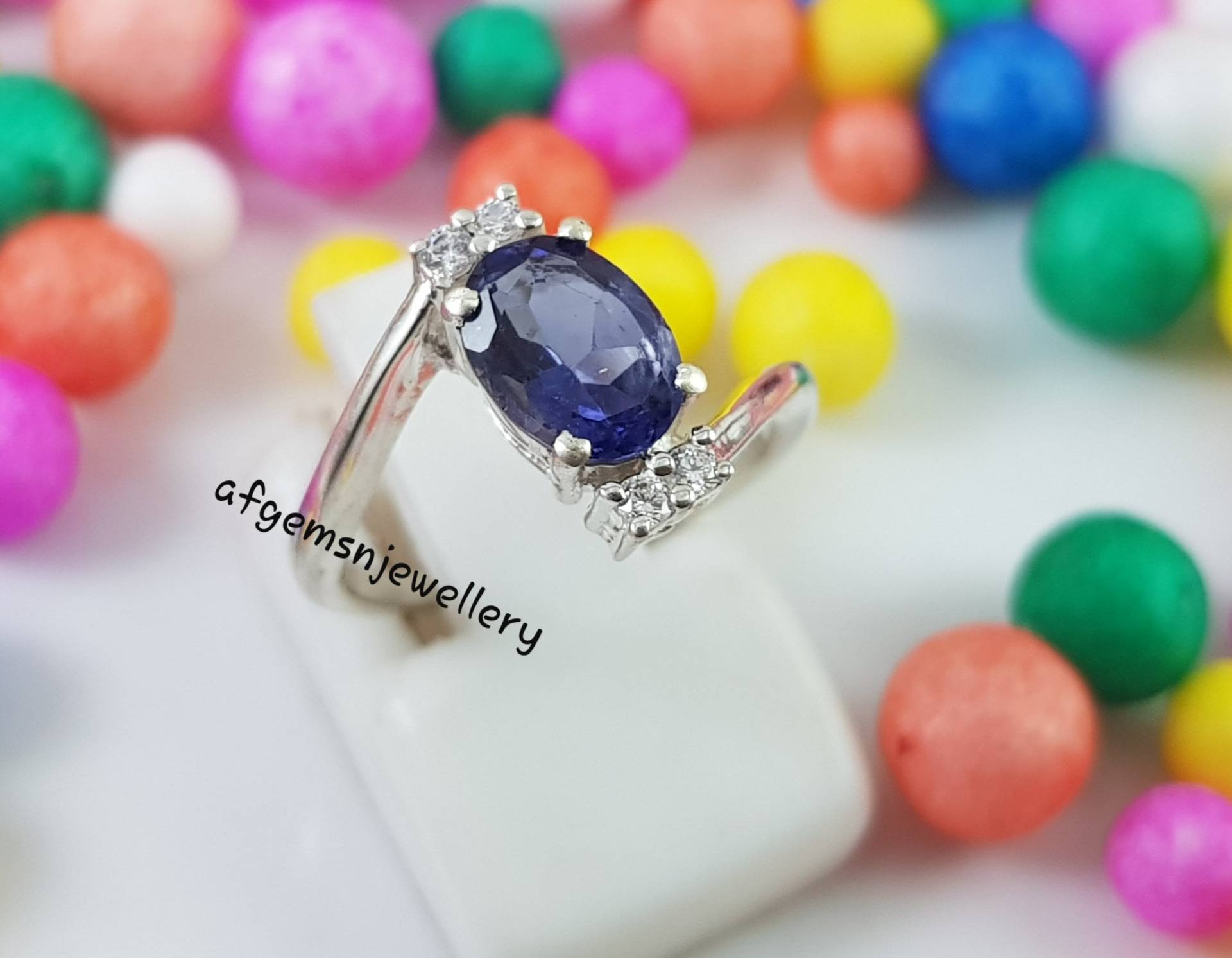 Silber Ovale Iolith Ring, Dunkel Blau Handgemachte Edelstein Verlobungsring von AFGEMSNJEWELLERY