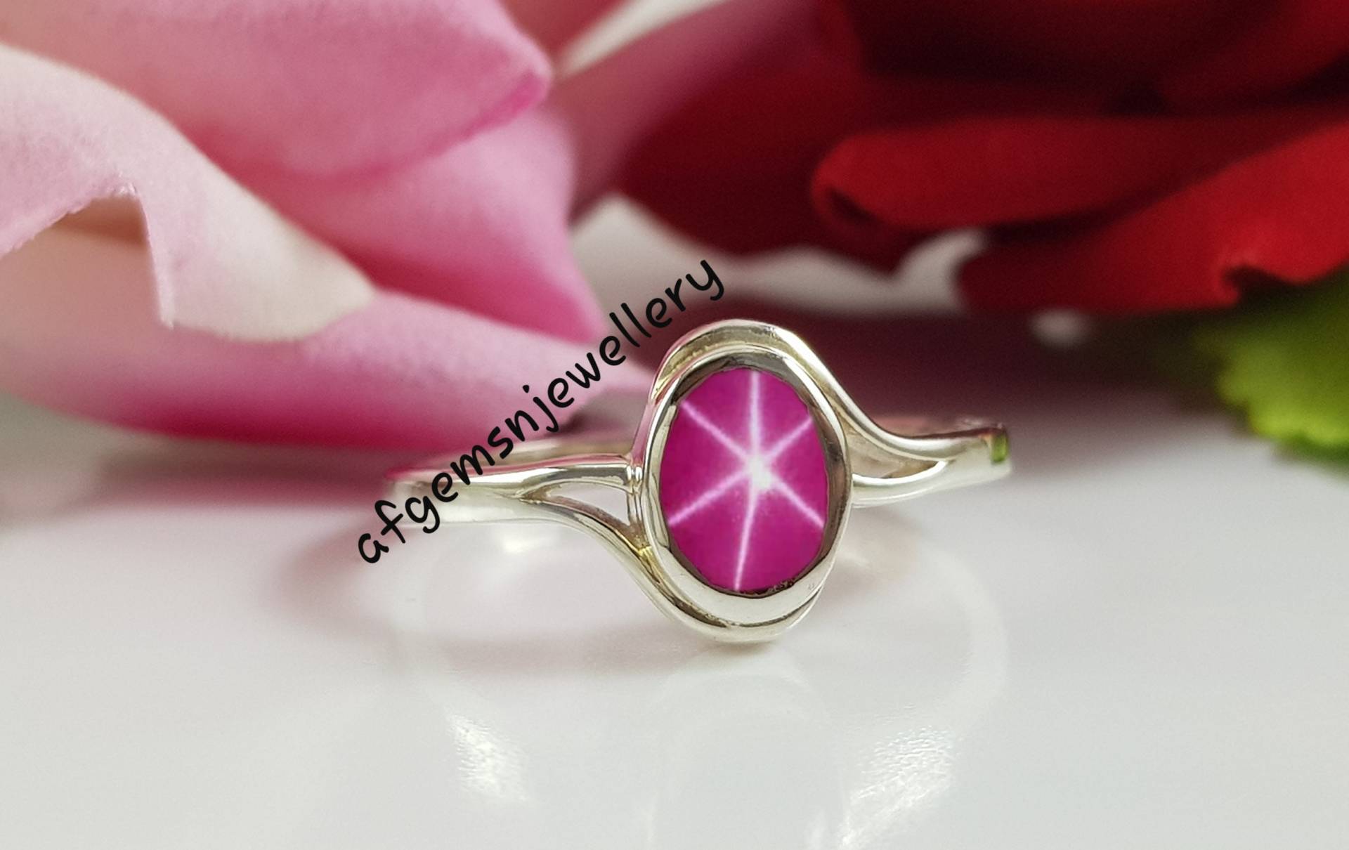 Verlobungsring Lindy Pink Stern Ring 6 Ray Star Rubin in 925 Sterling Silber von AFGEMSNJEWELLERY