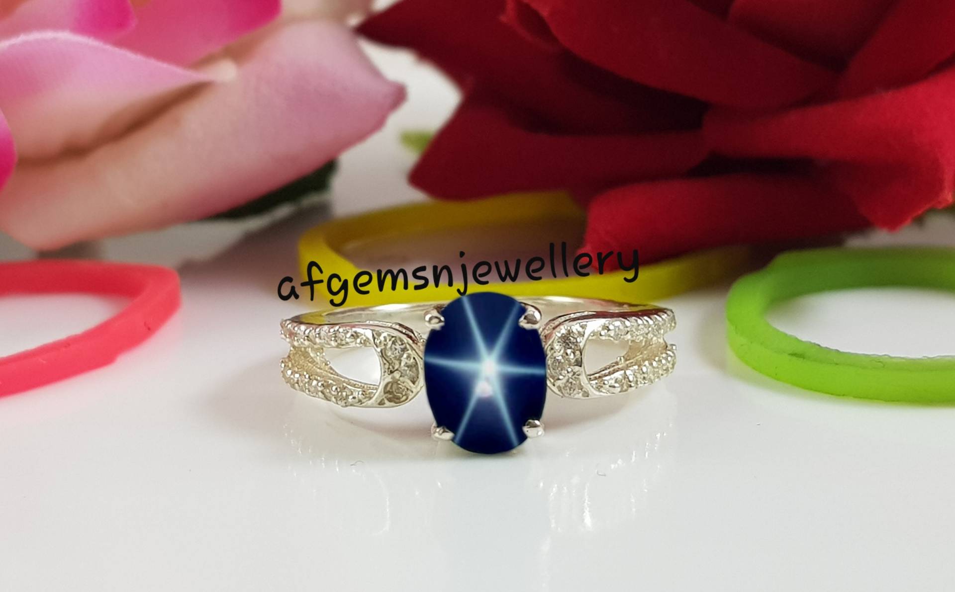 Zierlich 86mm Blauer Stern Ring Lindy 925 Sterling Silber Saphir Für Frauen von AFGEMSNJEWELLERY
