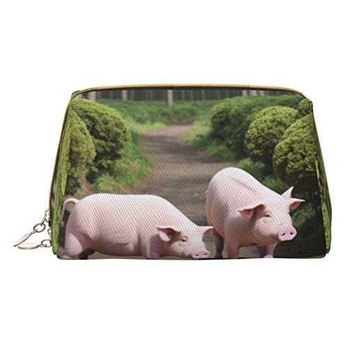 AFINDI Make-up-Tasche aus Leder, Motiv: Enten mit Kränzen, tragbar, vielseitig, mit Reißverschluss, Reise-Kosmetik-Organizer für Damen/Mädchen, Niedliches rosa Schwein, Einheitsgröße von AFINDI