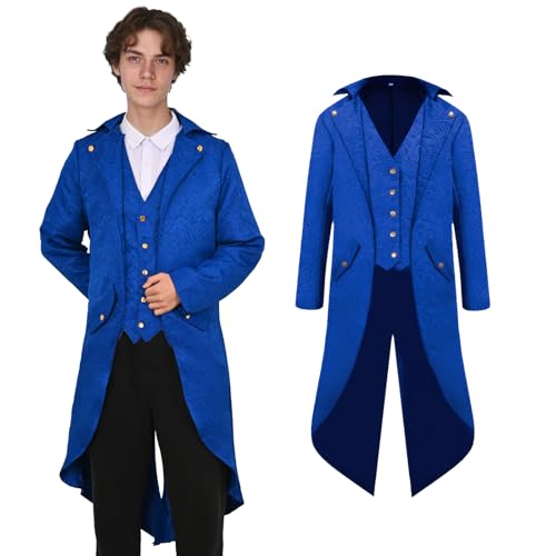 AFJIODUV Steampunk Kostüm Herren, Viktorianischen Vintage Jacke Gothic Mantel, Mittelalter Kleidung Herren Frack Mantel für Halloween Karneval Cosplay Party (Blau, XL) von AFJIODUV