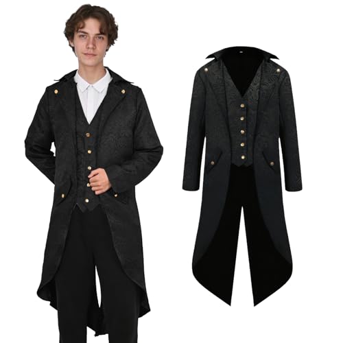 AFJIODUV Steampunk Kostüm Herren, Viktorianischen Vintage Jacke Gothic Mantel, Mittelalter Kleidung Herren Frack Mantel für Halloween Karneval Cosplay Party (Schwarz, M) von AFJIODUV