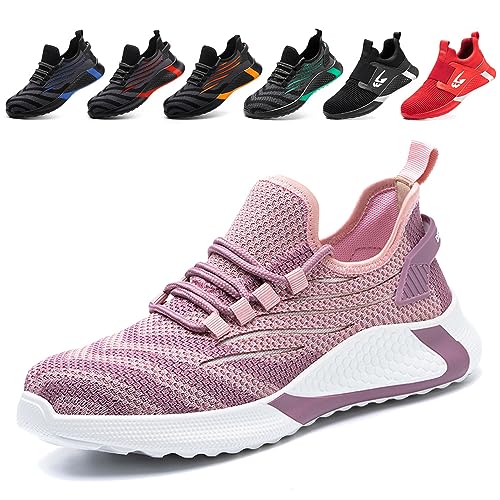 AFJYG Sicherheitsschuhe Herren Leicht Arbeitsschuhe Damen Atmungsaktive Stahlkappe Sportlich rutschfeste Schutzschuhe Bequeme Rosa EU 40 von AFJYG
