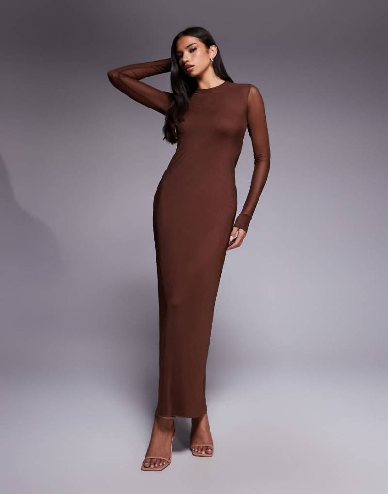 AFRM - Didi - Langärmliges Netzstoff-Midaxikleid in Cappuccino-Brown von AFRM