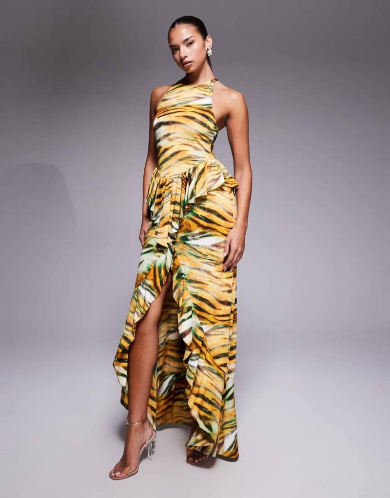 AFRM - Eng anliegendes Maxi-Strickkleid mit Schlitz vorne, Rüschen und Tigermuster-Bunt AFRM - Eng anliegendes Maxi-Strickkleid mit Schlitz vorne, Rüschen und Tigermuster-Bunt von AFRM