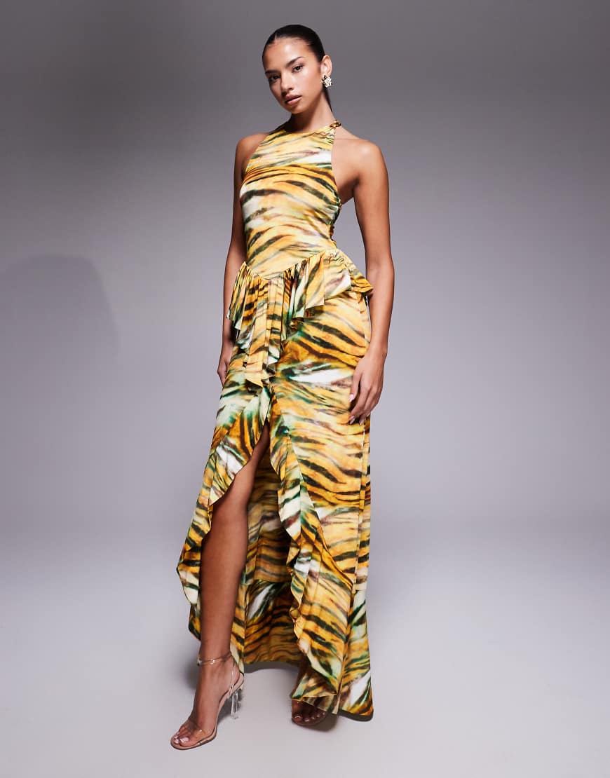 AFRM - Eng anliegendes Maxi-Strickkleid mit Schlitz vorne, Rüschen und Tigermuster-Bunt von AFRM