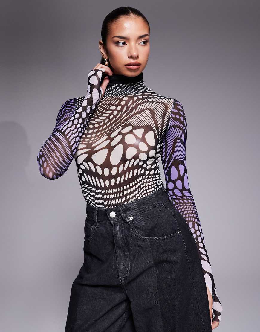 AFRM - Langärmliger Body mit Rollkragen und lila Punktemuster von AFRM