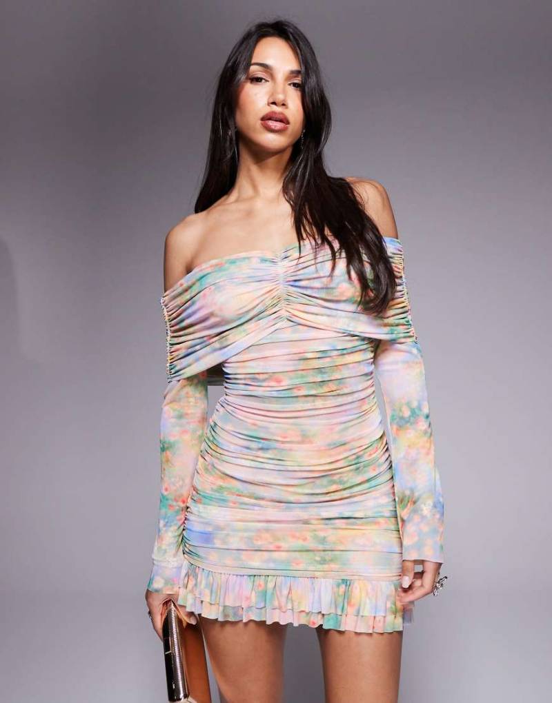 AFRM - Langärmliges, gerafftes Minikleid mit Rüschensaum und Blumenmuster-Bunt von AFRM