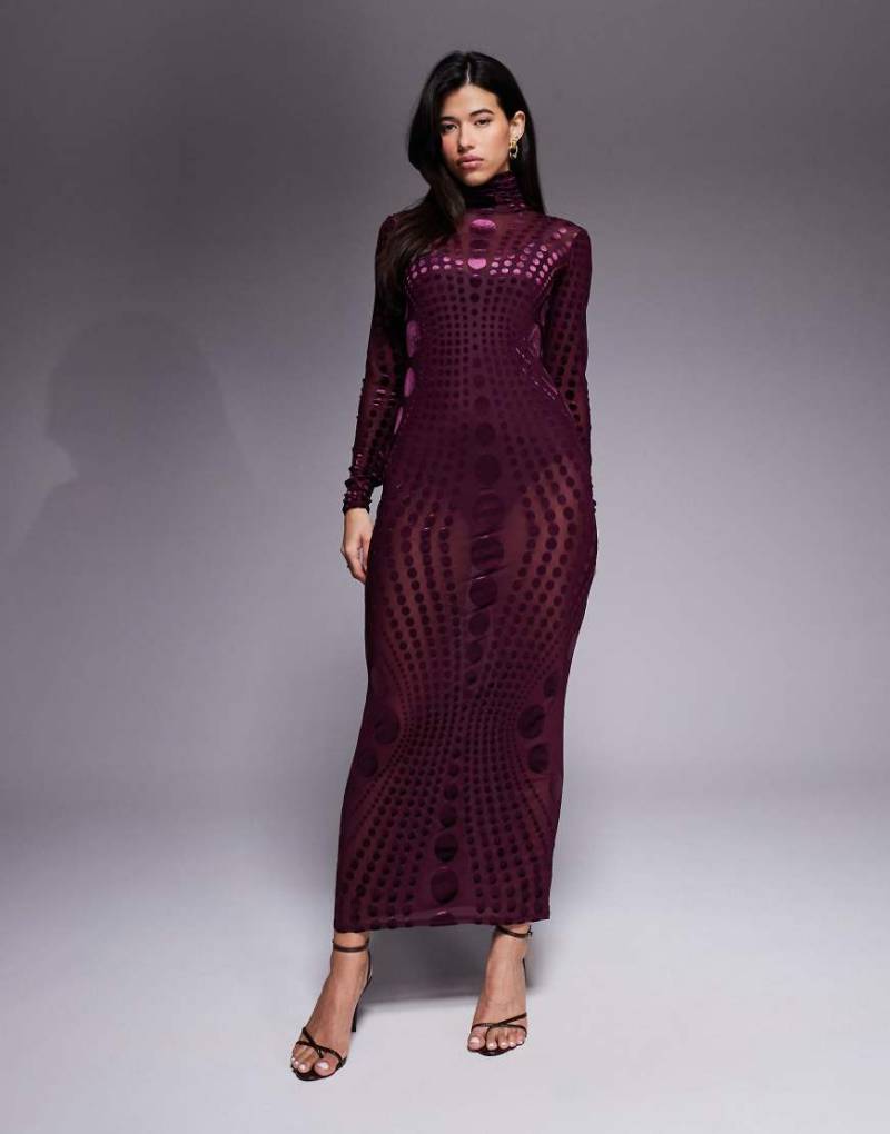 AFRM - Langärmliges, hochgeschlossenes Maxikleid aus Stretch-Netzstoff mit gepunktetem Ausbrennermuster in farblich abgestimmtem Lila von AFRM