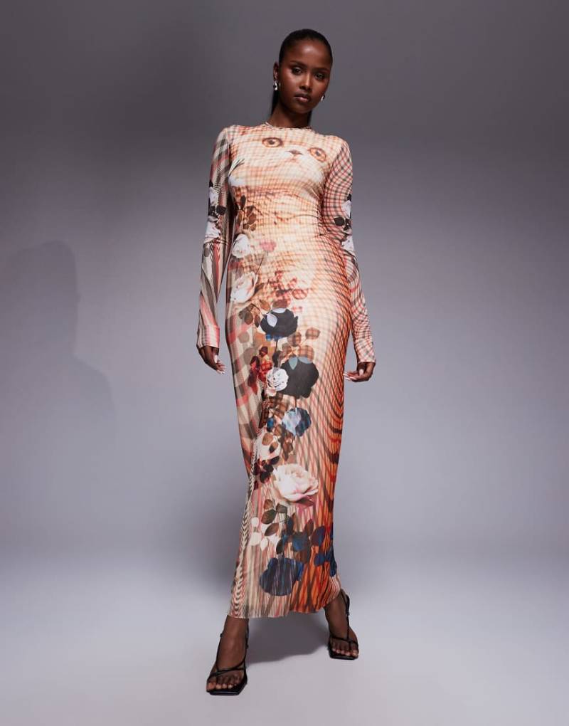 AFRM - Langärmliges, kariertes Maxikleid mit Rundhalsausschnitt und Katzenprint-Bunt von AFRM