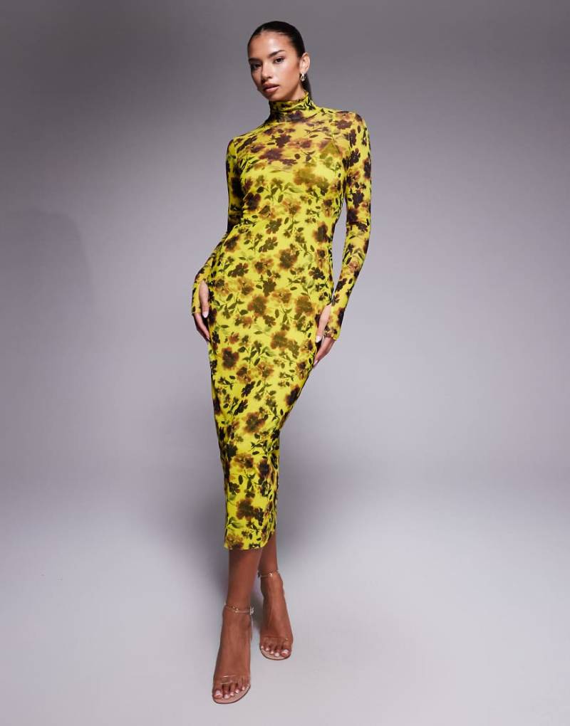 AFRM - Langärmliges Midikleid mit Stehkragen und Blumenmuster in Grün von AFRM