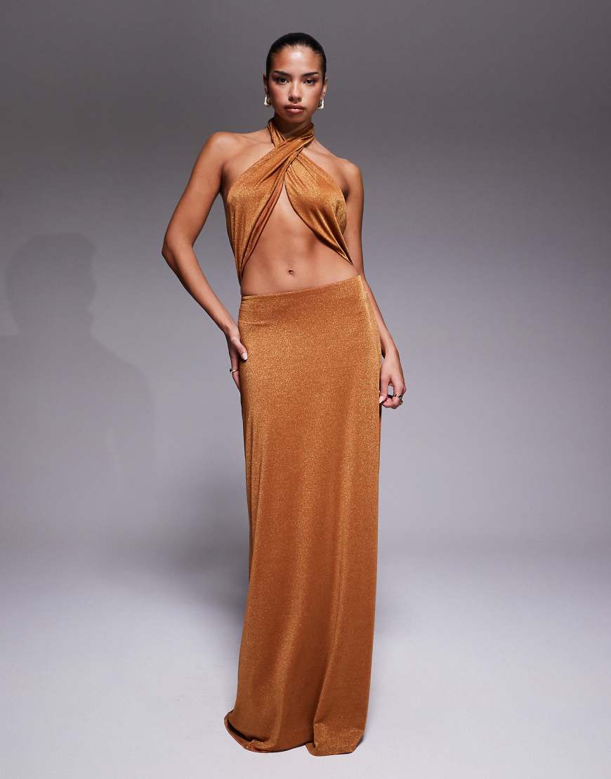 AFRM - Metallic-Strick-Maxikleid in Bronze mit Neckholder und Cut-outs-Brown von AFRM