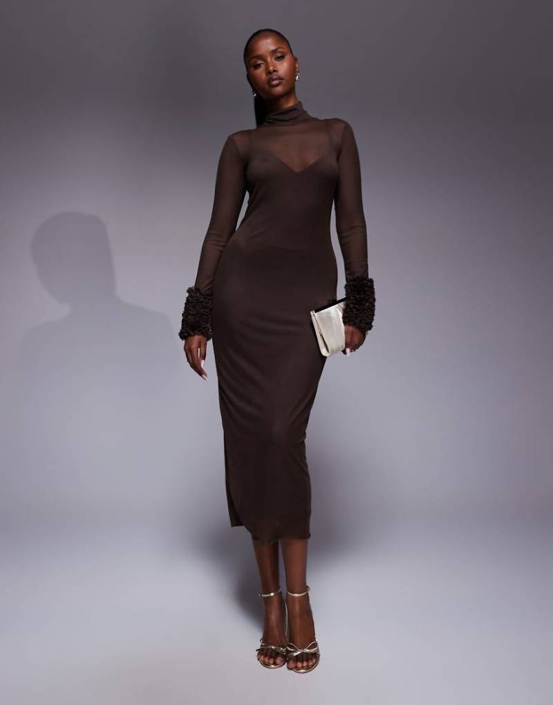 AFRM - Midikleid in Espresso-Braun mit Rollkragen und Mini-Rüschen an den Ärmeln-Brown von AFRM