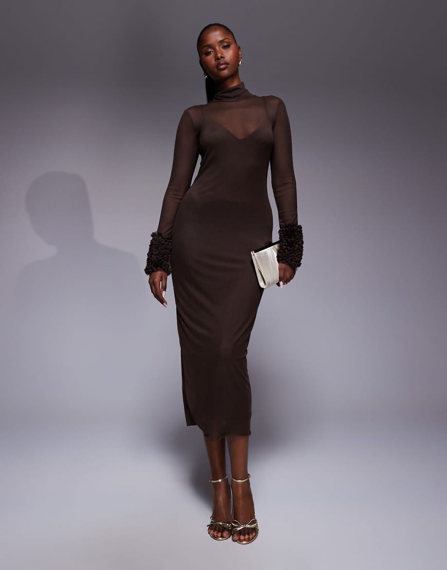 AFRM - Midikleid in Espresso-Braun mit Rollkragen und Mini-Rüschen an den Ärmeln-Brown von AFRM