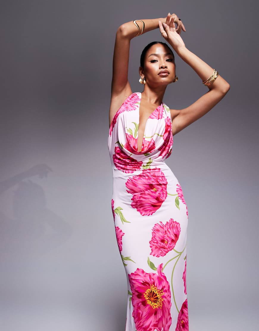 AFRM - Neckholder-Maxikleid aus Strick mit Blumenmuster in Rosa und Rundhalsausschnitt von AFRM