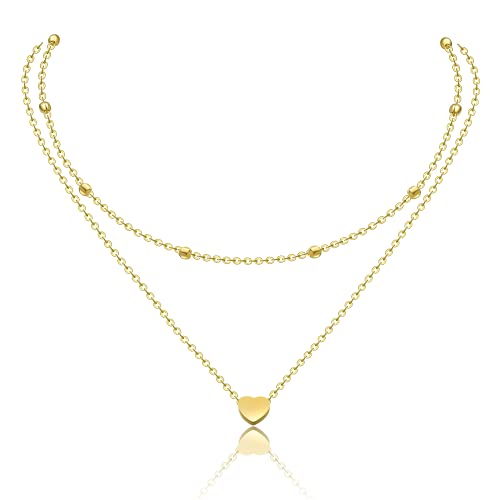 AFSTALR Damen Layered Kette Gold Multilayer Halskette Doppelkette für Frauen Kugelkette mit Herz von AFSTALR